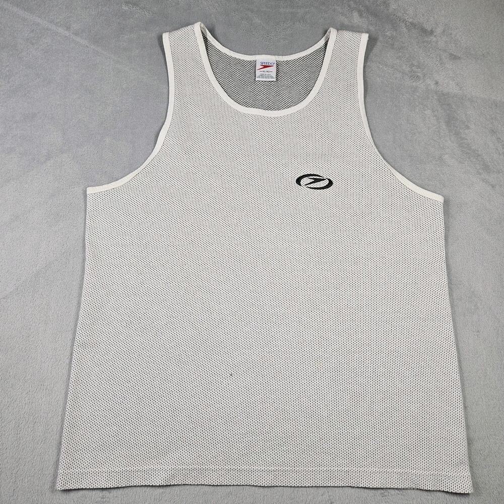 Vintage Speedo Tank Top Men XL USA Waffle Knit White Mesh Muscle Shirt 80s 90s